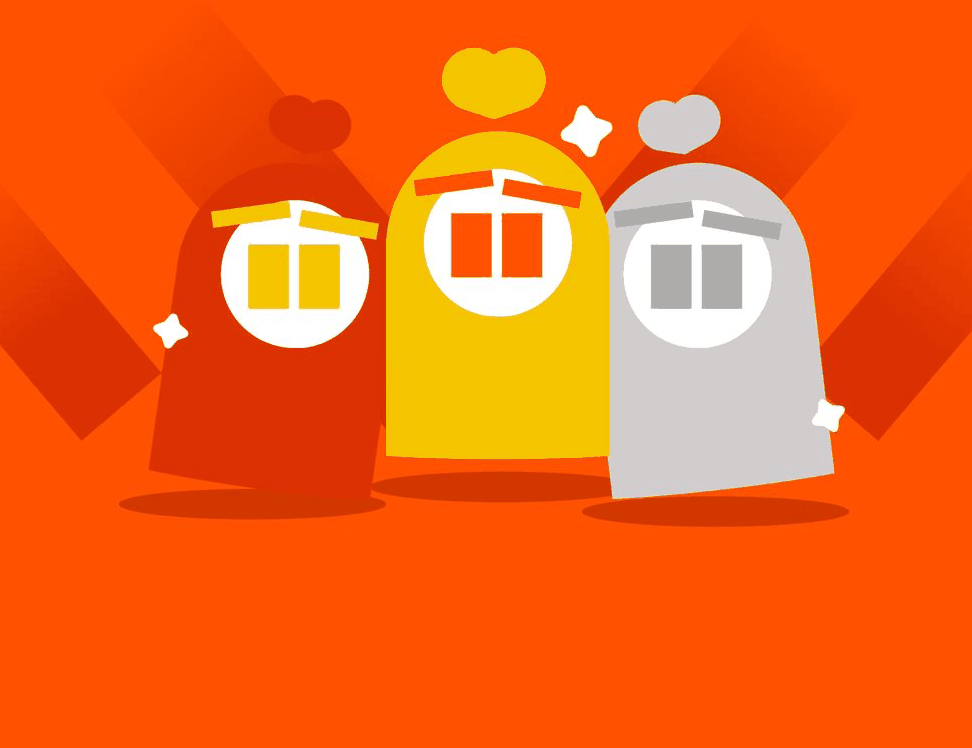 Three Nassar mascots in orange, yellow and grey